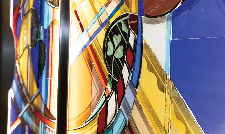 Detail of 'Floreat', a piece of stained glass, created by George Walsh and commissioned by the Association of Medical and Dental Graduates as a gift to RCSI. Floreat is located outside the Library, on the second floor of 26 York Street.