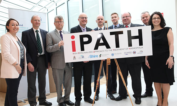 Ms Noelle Costelloe, Programme Manager for iPATH and Irish Centre for Vascular Biology, RCSI; Dr Peter Turecek, Senior Director, Global Medical Affairs, Shire; Mr Brian O’Mahony, Chief Executive of the Irish Haemophilia Society; Professor Mark Ferguson, Director General of Science Foundation Ireland and Chief Scientific Adviser to the Government of Ireland; Professor James O’ Donnell, Director of the Irish Centre for Vascular Biology, RCSI and Consultant Haematologist in the National Coagulation Centre in St James’ Hospital, Dublin; Dr Roger Preston, Principal Investigator iPATH, Irish Centre for Vascular Biology, RCSI; Professor Padraic Fallon Principal Investigator iPATH, Professor of Translational Immunology, TCD; Dr John Gormley, Principal Investigator iPATH, Discipline of Physiotherapy, School of Medicine TCD; Dr Michelle Lavin, Principal Investigator iPATH, Clinical Research Fellow, Irish Centre for Vascular Biology, RCSI and St James’s Hospital Dublin