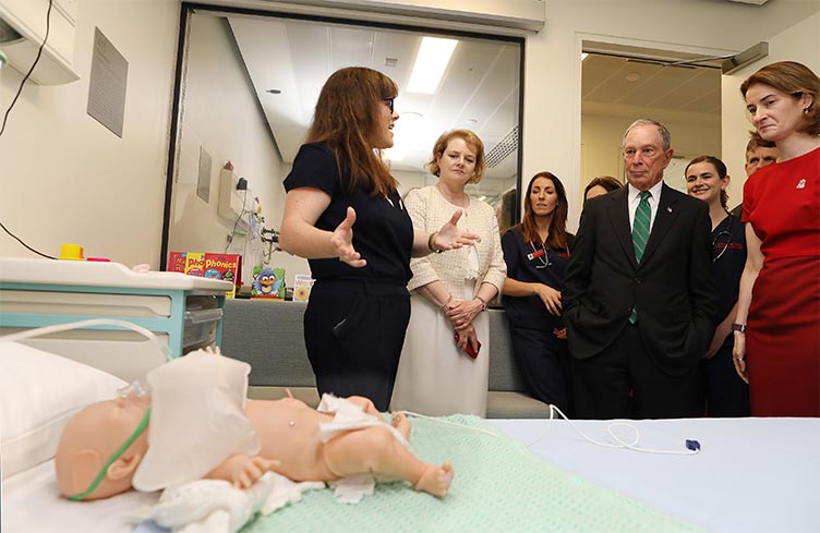Michael R.Bloomberg observing a simulated clinical scenario with Judith Gilroy, Aine Gibbons and Dr Daire O’Leary