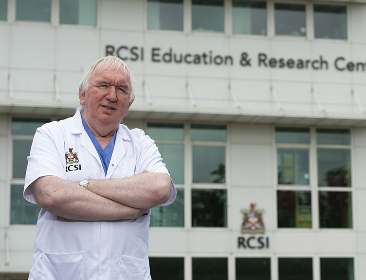 Professor Gerry McElvaney, Professor of Medicine at RCSI Professor Gerry McElvaney standing in front of RCSI Education & Research Centre